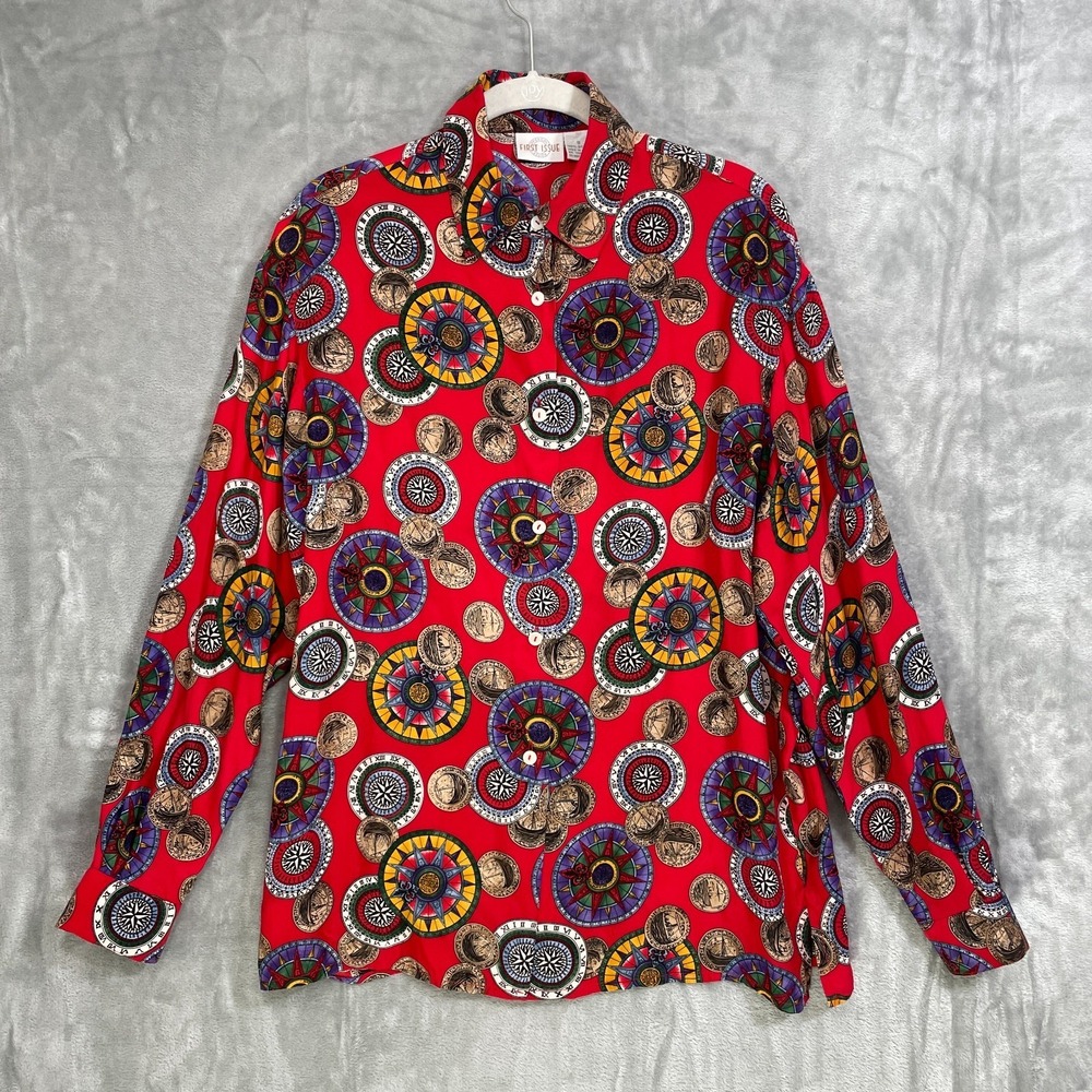 First Issue Vintage 100% Silk Blouse Red 70's Clocks Compasses Nautical‎ Coastal